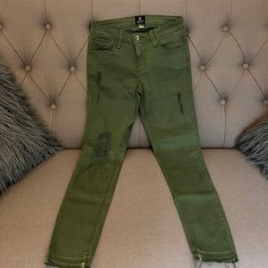 Army green distressed skinny jeans